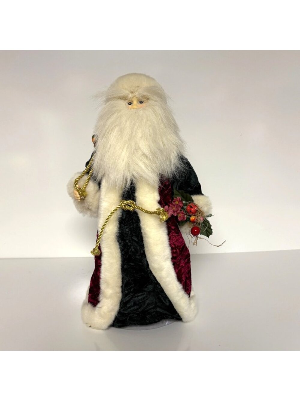 Santa Claus Figurine 16" Red Green Velvet Coat Faux Fur Trim Gold Sack Holiday
